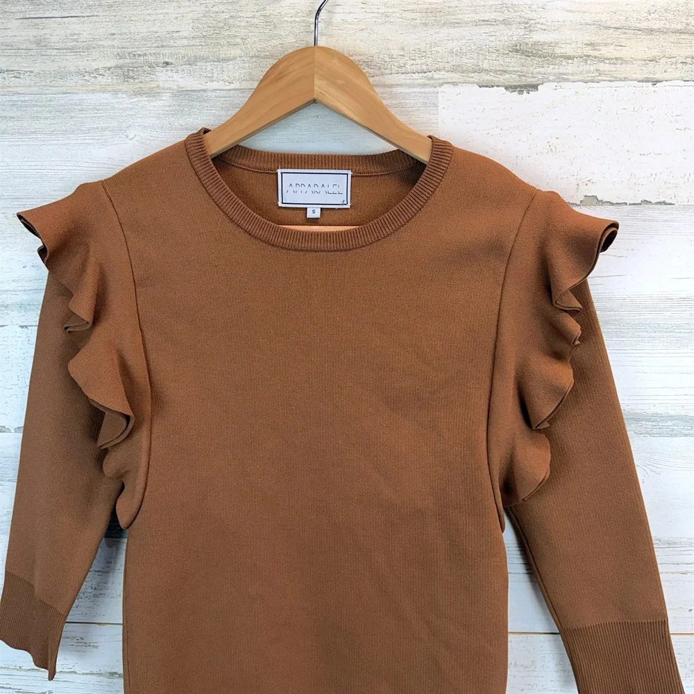 Apparalel Ruffled Shoulder Long Sleeve Top Brown Size Small - Picture 7 of 12